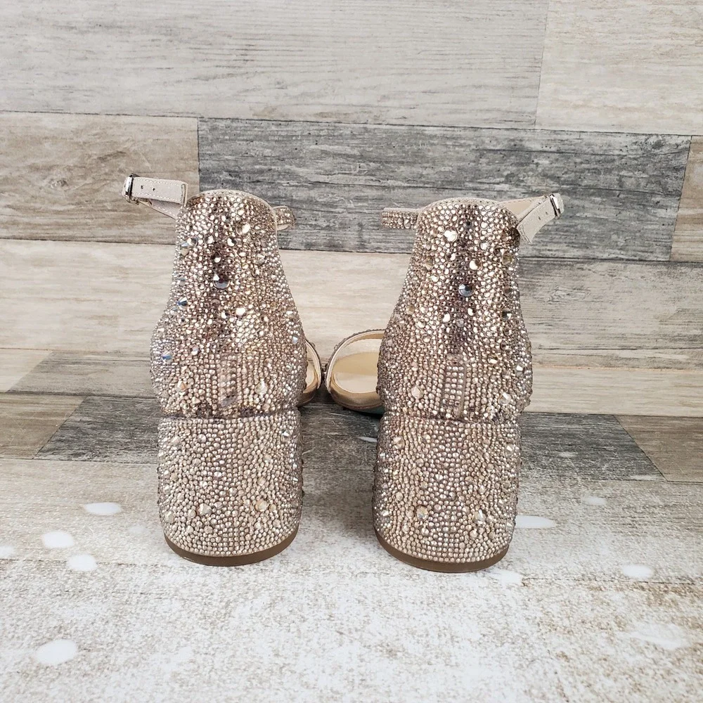 Betsey Johnson Shaye Womens Sandals Sz 8.5 M Light Gold Rhinestone Block Heel